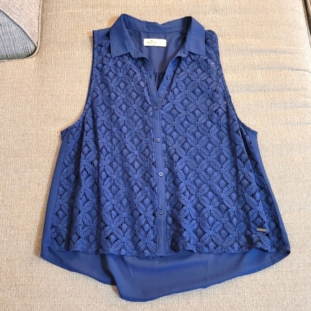 Hollister Button Up Embroidered Boho Casual Top Size Small Navy Blue